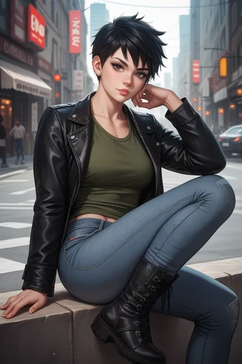 tomboy short black hair combed to the right side small black eyes muscular body natural lips wearing a black jacket and a dark green shirt black boots and jeans sitting on a chair with legs open