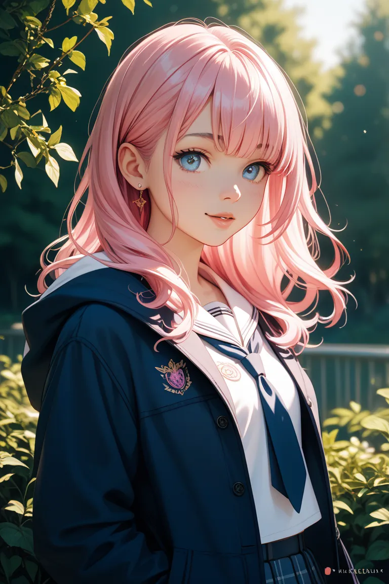 blue hanging eye, pink hair ,long wavy hair,Big Breasts, gal,female high school students,hoodie over school uniform, has bangs