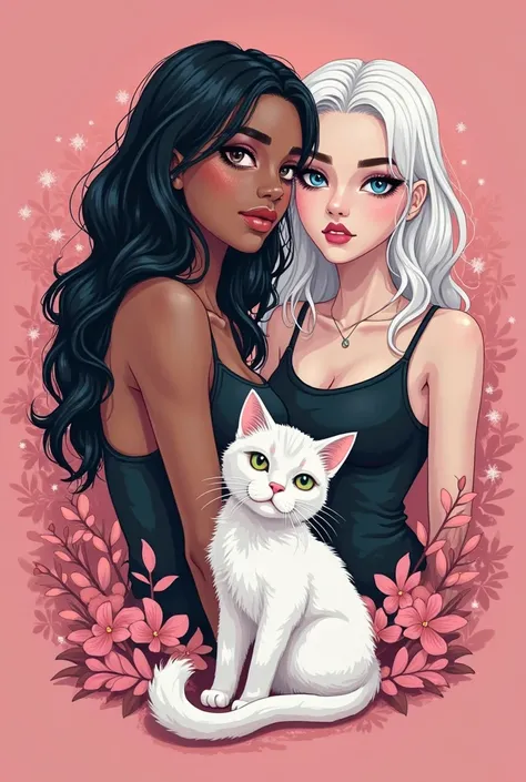 Help me create a logo, of two young women, one with slightly dark skin and the other white, with black hair , Make him look a little rebellious, and that it is a pink background, And that they are with a cat that looks a little coldthe environment with the...