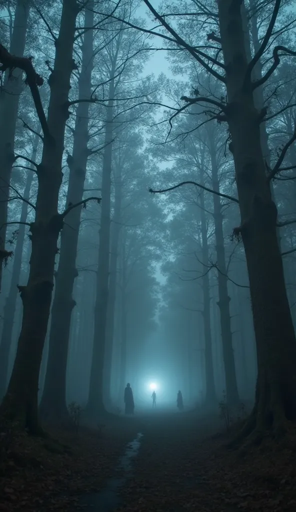 A haunted forest at night, filled with thick mist. The trees are tall and twisted, their branches reaching like skeletal hands. In the distance, faint ghostly figures flicker between the trees, barely visible. The atmosphere is chilling, with an unsettling...