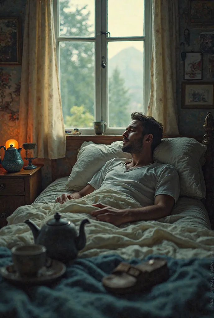 Man waking up, in the first person, Focus on the old sandal, And on the household utensils and on the window there.   outside, cinematographic photo, Time travel 