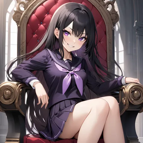 High resolution, high quality, HD, beautiful female, 1 female, beautiful, ager, haughty, mischievous, smirking, medium breasts, long straight hair, jet black hair, purple colored eyes, purple school uniform with short black skirt, sitting on a throne