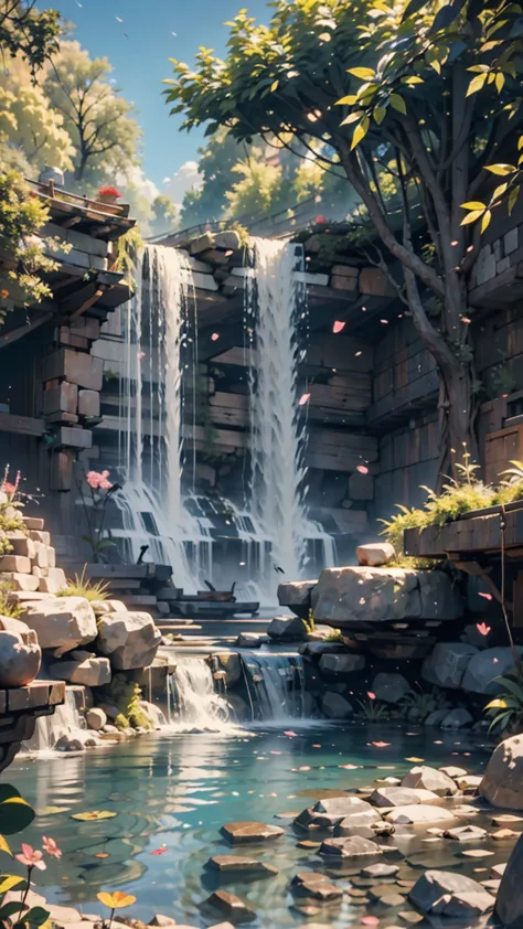  Chaotic waterfall cascading down in a quiet and beautiful landscape, ray tracing,  exhaustive reflections, complicated, 高exhaustive, dramatic,  Top Quality Masterpiece, photorealistic,  exhaustive, 8k, high resolution, backlight, bloom, Light glow,  Color...