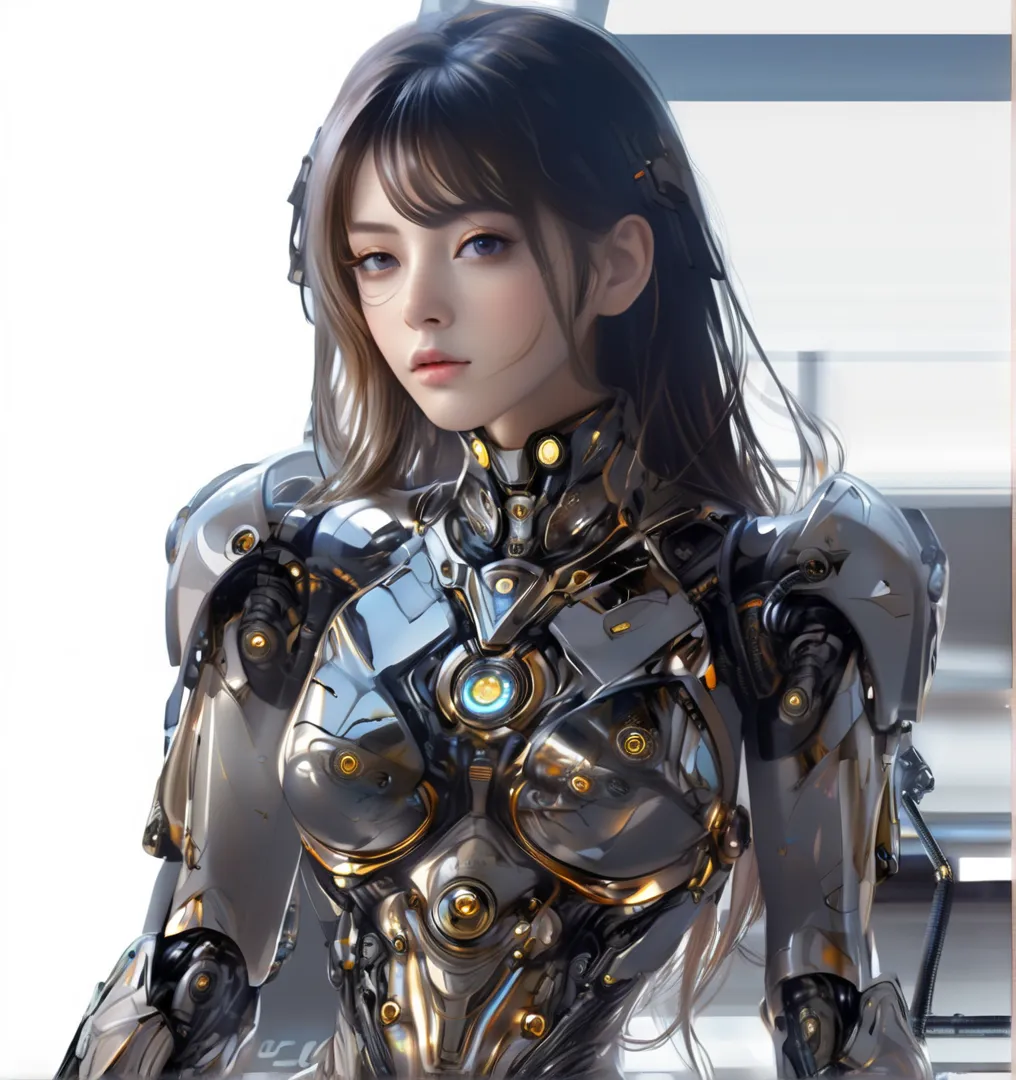 white woman in a futuristic gold-rimmed suit facing the front、Perfect anime cyborg woman、Delicate and detailed upper body、beautiful girl with metal gaps Cyborg、 Beautiful White Girl Cyborg 、Beautiful and seductive female cyborg、Perfect cyborg woman、Female ...