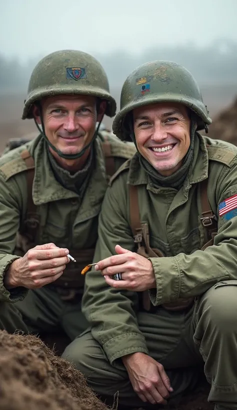 , two soldiers , alone in Russian, another in American modern military uniform, sitting in a trench, both smile . The details of the clothes clearly show the nationality of the soldiers. They share a meal or cigarette. Background — blurred landscape. Style...