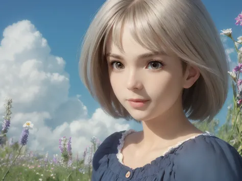  studioGhiblistyleHMC , 1 girl,  Short gray hair ,  blue dress, Wind lift, , smile, closed mouth, Brown Shoes, in a flower field, cloudy sky, (Excellent Performance, of the best quality:1.2)
