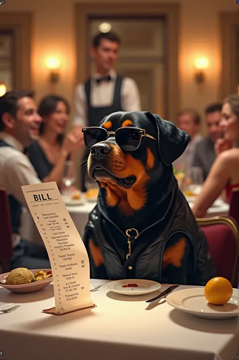 A realistic scene at an Italian restaurant. The Rottweiler, wearing sunglasses and a black leather jacket, looks at the bill with a terrified expression. The dog, shocked by the amount, quickly grabs the bill and runs out of the restaurant, leaving the wai...