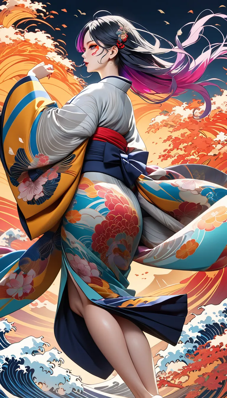 Woman wearing a kimono walking gracefully against gusts of wind, Highlight a dynamic walking figure, A dignified woman walking in the wind, Highlight beautiful, fluttering kimonos, Highlight artistic tattoos, Contemporary art on the theme of kimonos and ta...