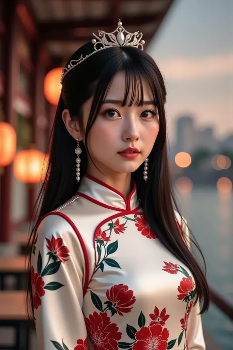 An elegant and poised young woman dressed in a reimagined traditional Chinese Qipao, blending classic elements with bold modern aesthetics. The Qipao is crafted from luxurious ivory satin, adorned with intricately embroidered red peony blossoms and dark gr...