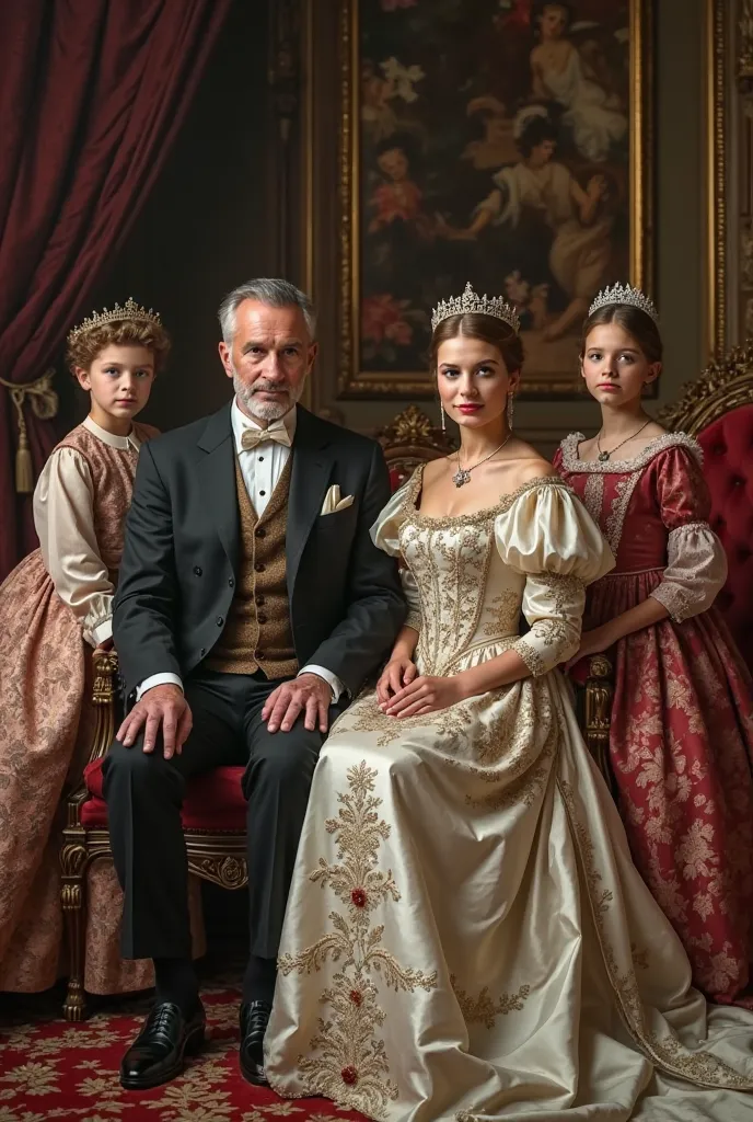 The royal family look right into the camera in historical style. A man is sitting on the sofa with his queen wife. There are ren on the edges, a boy of , a girl of  and a girl of . All wearing fancy costumes or dresses. The portrait must have 5 people