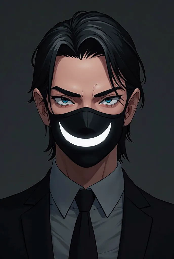 Black-haired, white smile emoticon on black mask, anime man in suit 