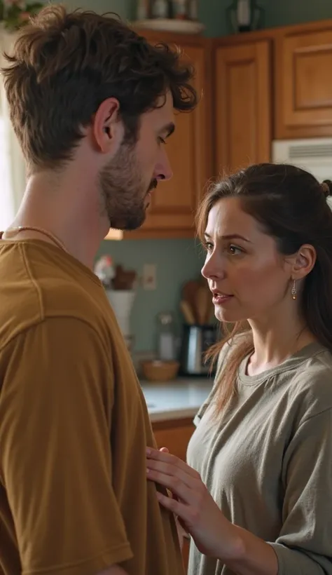 "A close-up of Adam and his mother in the kitchen. Adam’s expression has changed from worry to frustration, while his mother is explaining. The kitchen is real, filled with warm tones and soft light. The atmosphere now feels relaxed after the earlier tensi...