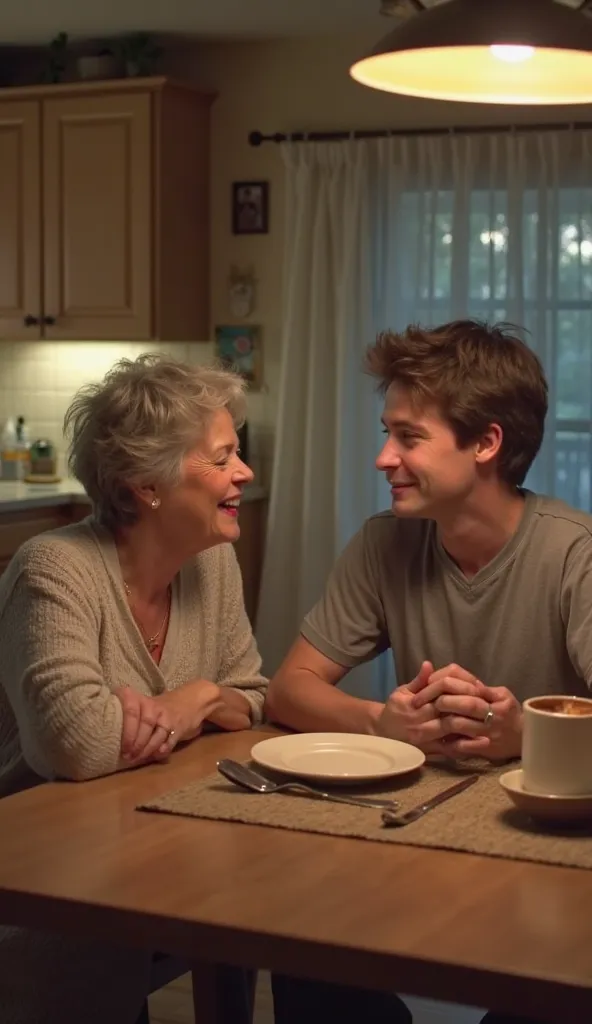 "A realistic suburban kitchen where Adam and his mother sit down together. Adam’s relief is evident, and his mother is smiling softly. The kitchen is cozy with soft lighting, creating a warm, welcoming atmosphere after the earlier moments of tension."
