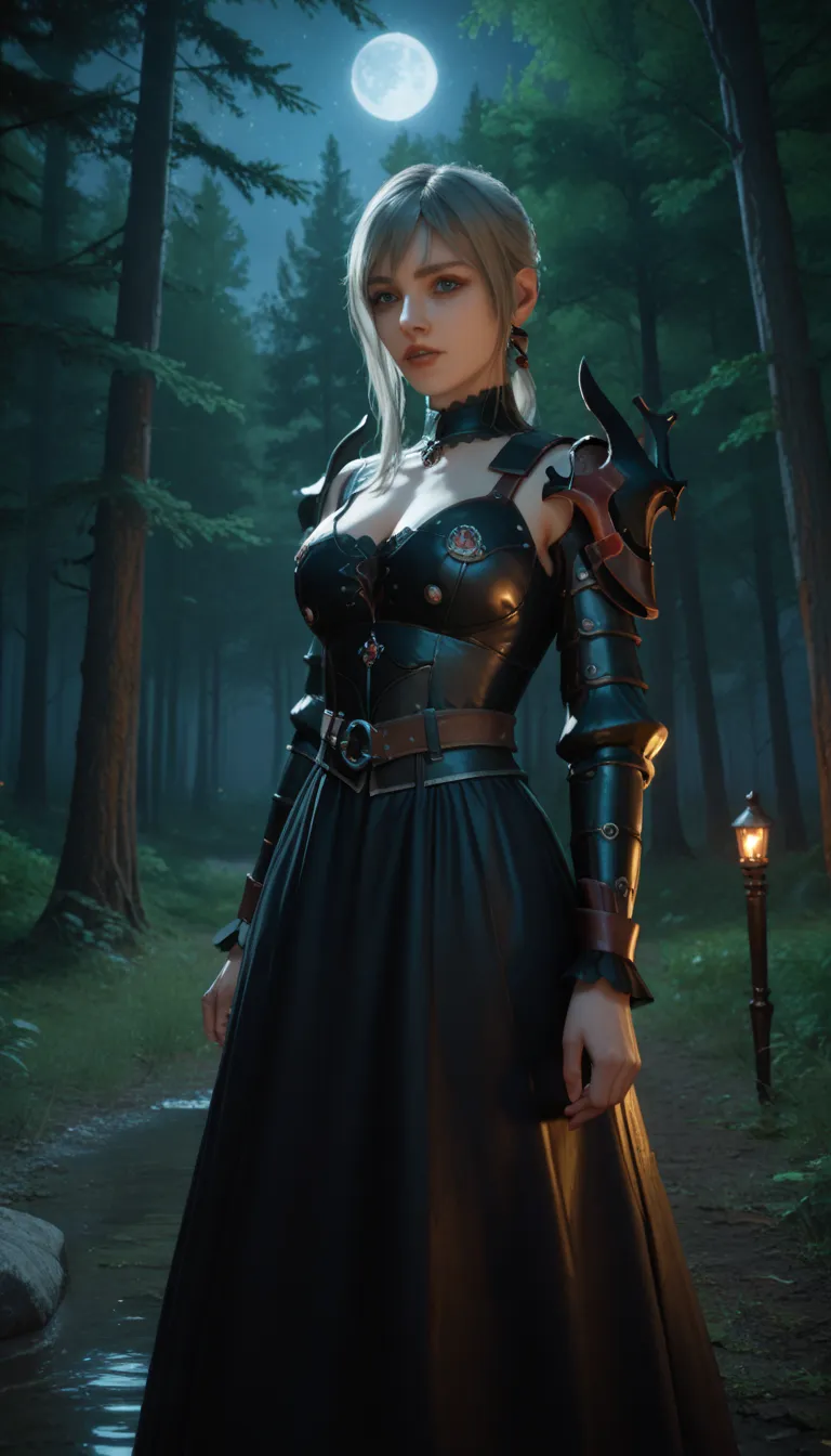 Aranea Highwind in a black dress, medieval clothes, in the forest, art fantasy at night, medieval dress, dark tones of the night, night time atmosphere, focus on the night, gloomy forest , Scary forest