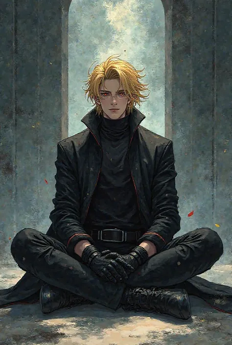 Make a cool, handsome looking anime character with golden hair, a boy in black, long clothes mercenary suit, sitting on the ground in a cross leg position meditating.