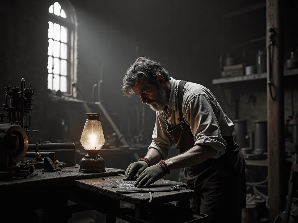 the worker leaned over the workbench,  twilight, pre-revolutionary foundry, the only kerosene lamp illuminates the workplace, High quality, black and white vintage photo