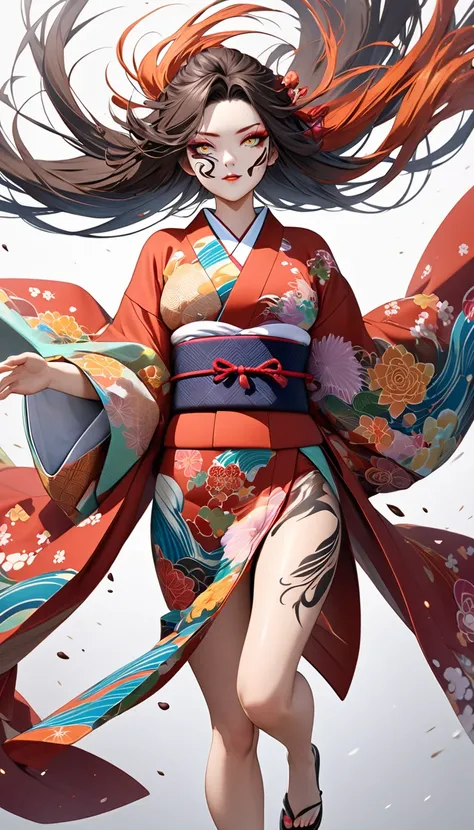 Woman wearing a kimono walking gracefully against gusts of wind, Highlight a dynamic walking figure, A dignified woman walking in the wind, Highlight beautiful, fluttering kimonos, Highlight artistic tattoos, Contemporary art on the theme of kimonos and ta...