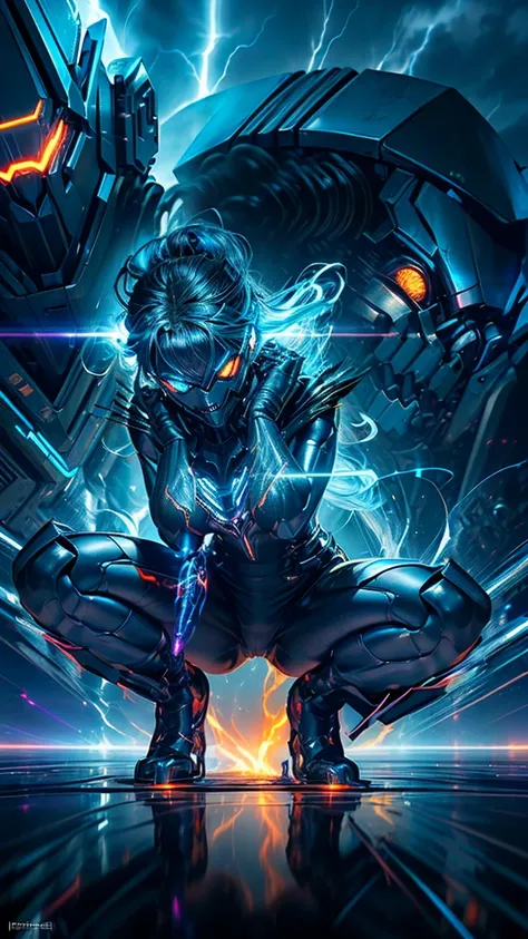 Full body image (((full body A powerful woman crouches amid sleek, futuristic machinery, her body crackling with blue and violet electric energy. Bolts of lightning ripple through her, reflected by the machines that brought her to life. Her hair whips in a...