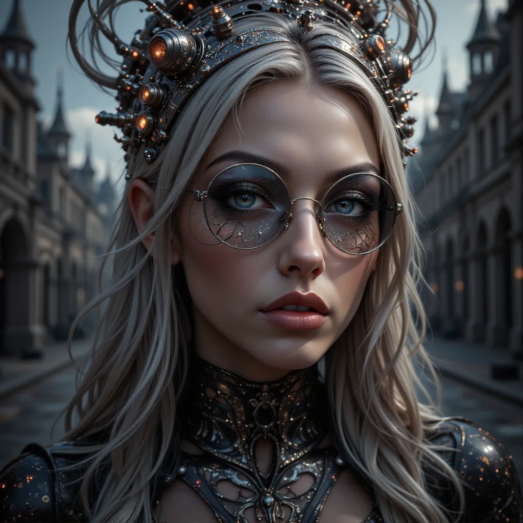 highly detailed  photograph of a woman's face with a steampunk and cyberpunk aesthetic. Subject has long, straight platinum blonde hair that cascades over her shoulders. She wears large, round, metallic sunglasses with intricate geometric patterns on the f...