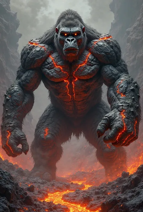 "A massive gorilla with a body made of rugged volcanic rock, its muscular frame covered in jagged stone plates with small, glowing lava cracks running across its arms, chest, and back. Fiery veins pulse beneath the surface, glowing like molten magma trappe...