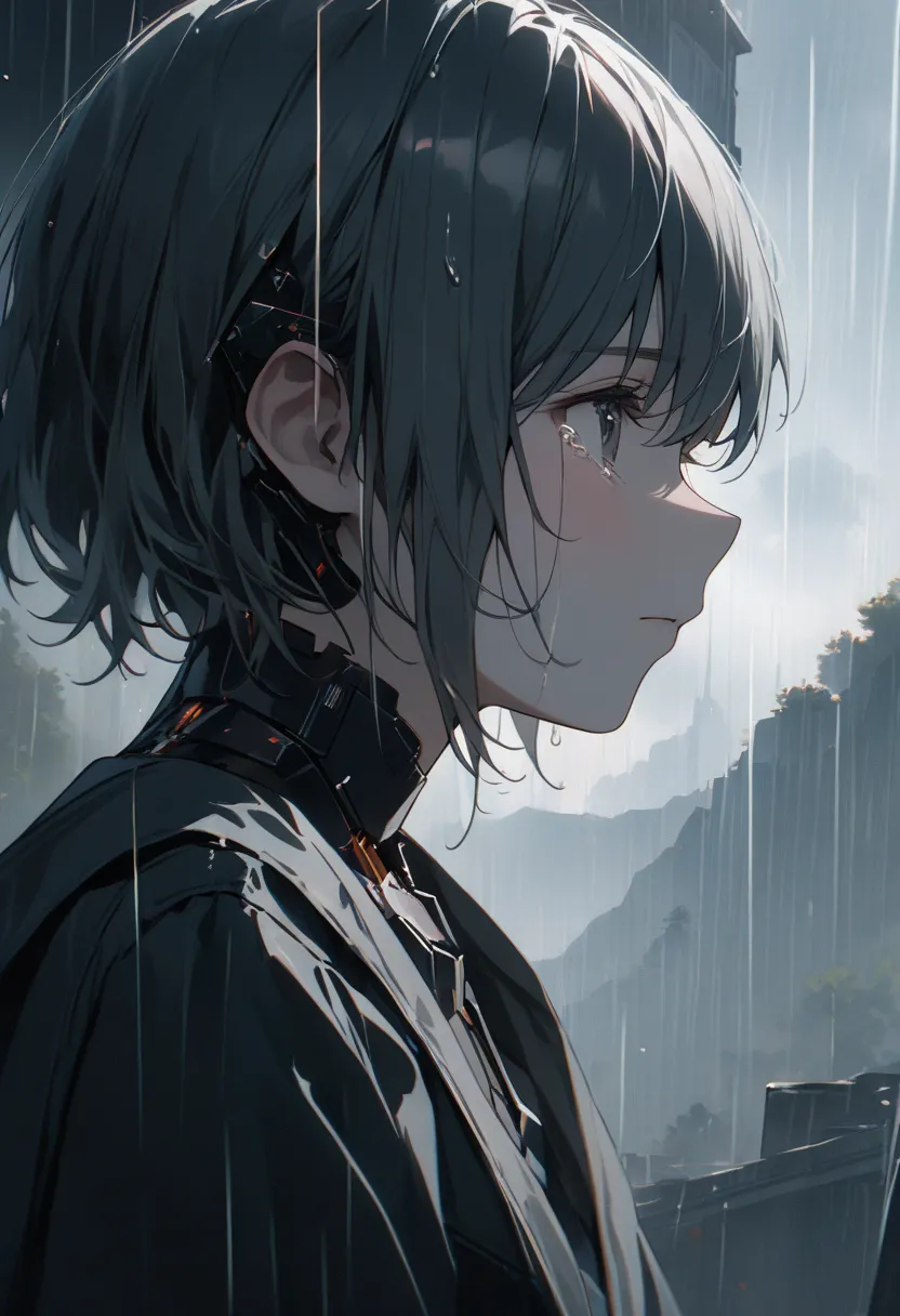 (8k, Highest quality)、 Ultra High Definition 、 adorable by design、Highest quality, beautiful, Absurd beauty、masterpiece、best image quality、Rainy old background,Broken Android, sad and heartbreaking work ,Grey World, an android girl who believes even when a...