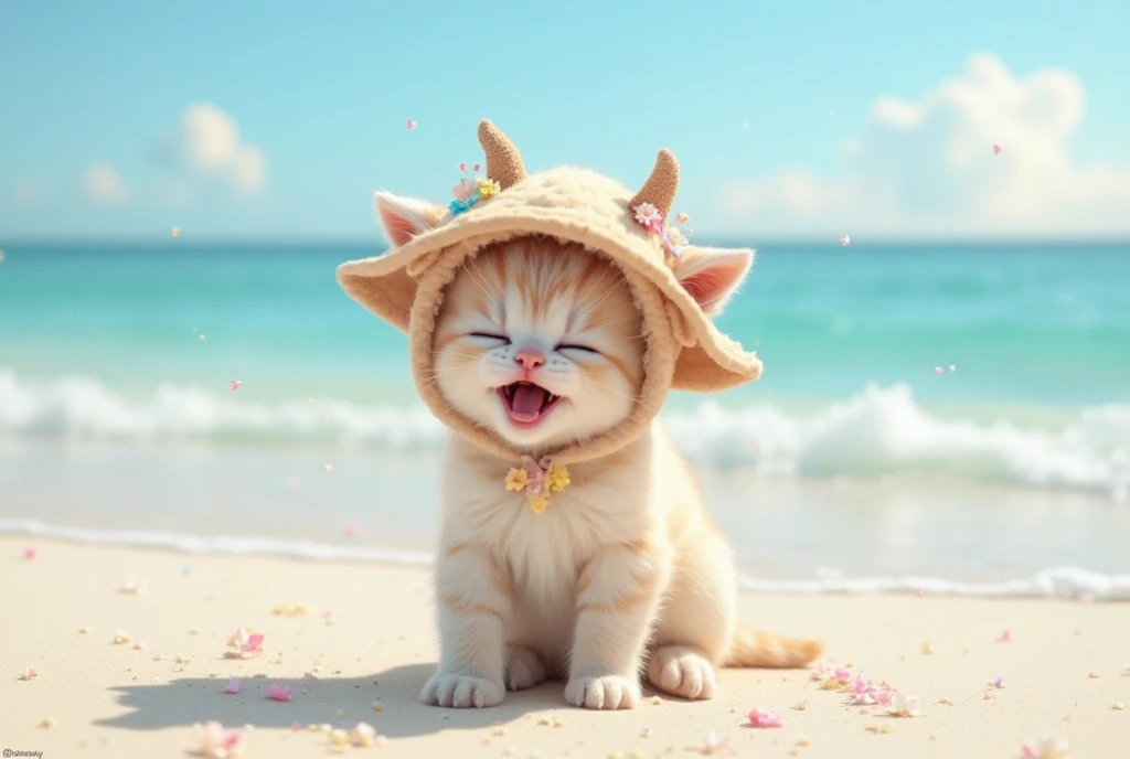 kitten wears a baby goat costume、Put flower decorations on your ears、Laughing with a hat。Beautiful beach。
It's not an illustration、 real kittens。Humans don't come out。