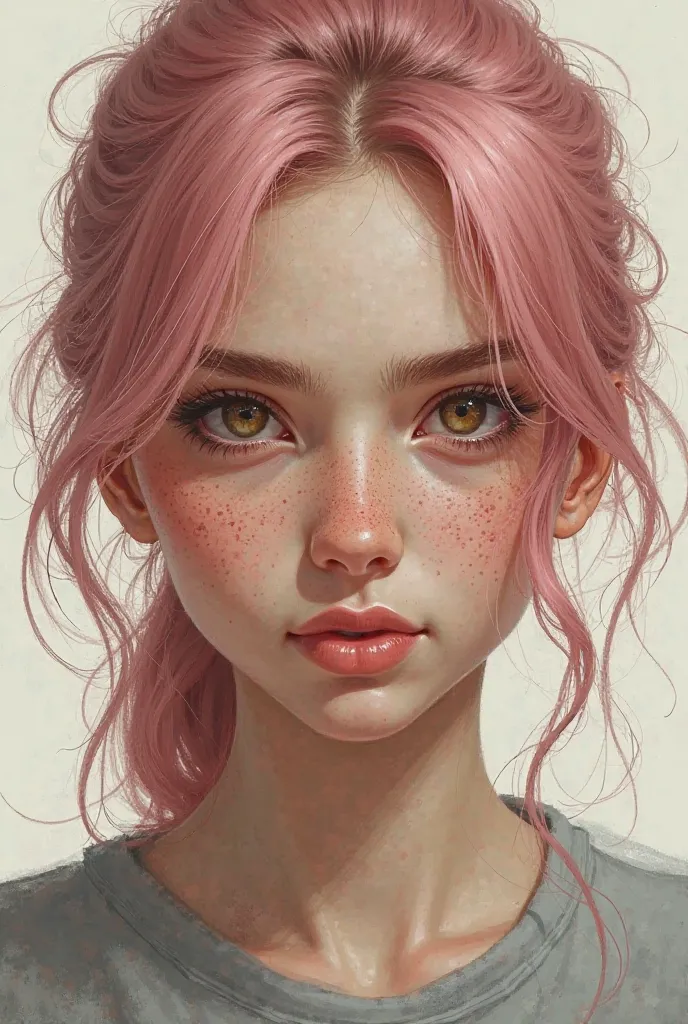 A sixteen year old girl. Hazel coloured eyes, pinkish hair, freckles, toned skin. As a drawing. Stern look.