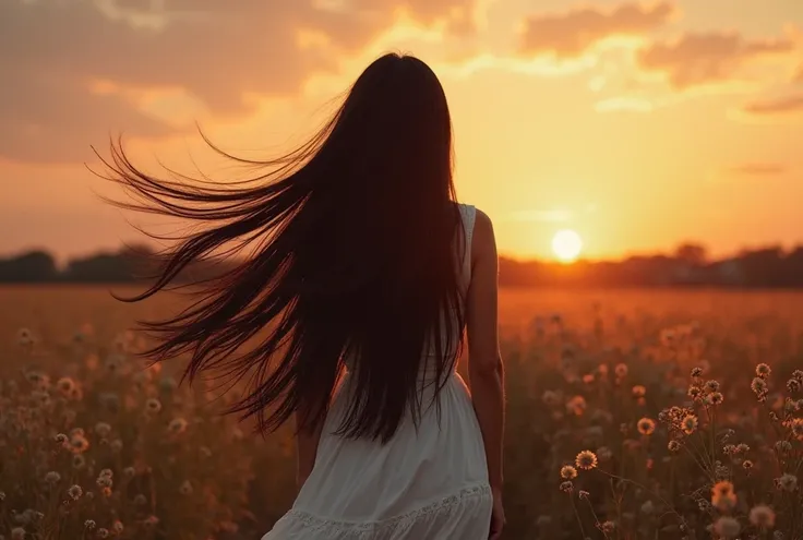 A woman with ultra-long, flowing black hair walks gracefully through an open field, the gentle breeze catching her hair and sending it swirling around her. As the sun sets on the horizon, the warm hues of the twilight hour cast a magical glow on the scene,...