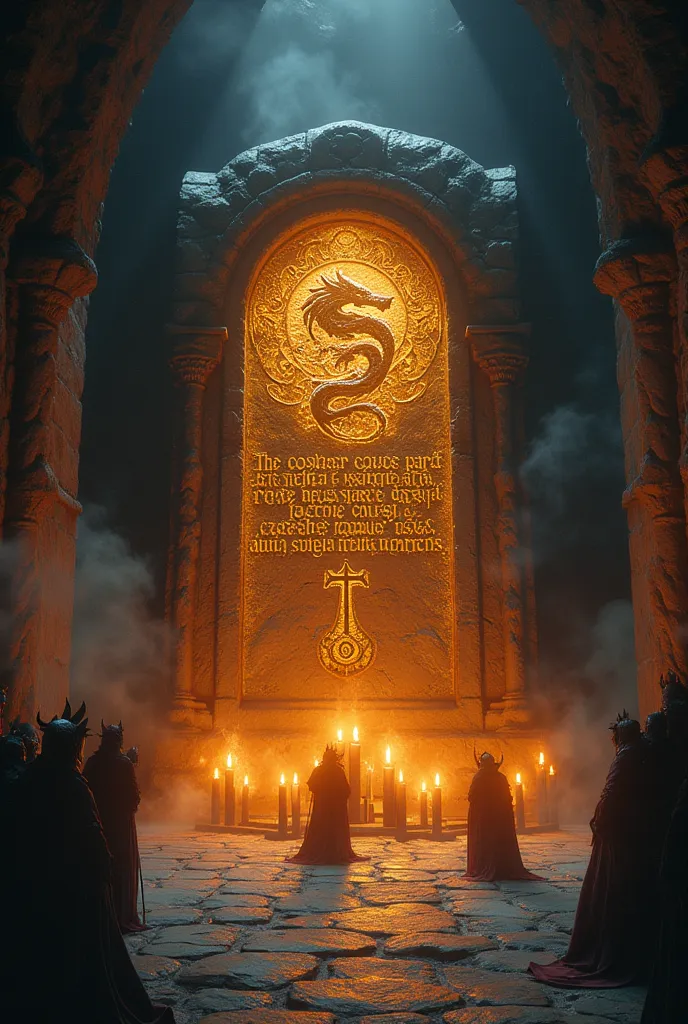 A dark and gothic illustration depicting an ancient sacred inscription glowing with divine energy: a dragon is engraved on an aged stone tablet, surrounded by flickering candles in a dimly lit monastery. The air is thick with incense smoke, and shadowy dem...