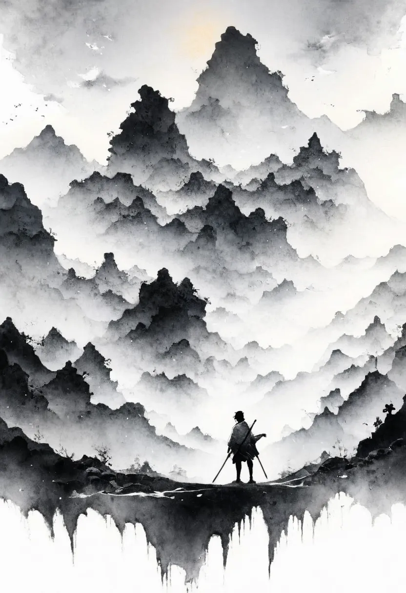 (Lots of white space:1.5)，(Lots of white space around:1.6), White background, simple, Minimalism, abstract,Freehand，Aesthetic，black and white，Ink Painting，antiquity，sunrise，a mountain，A person far away