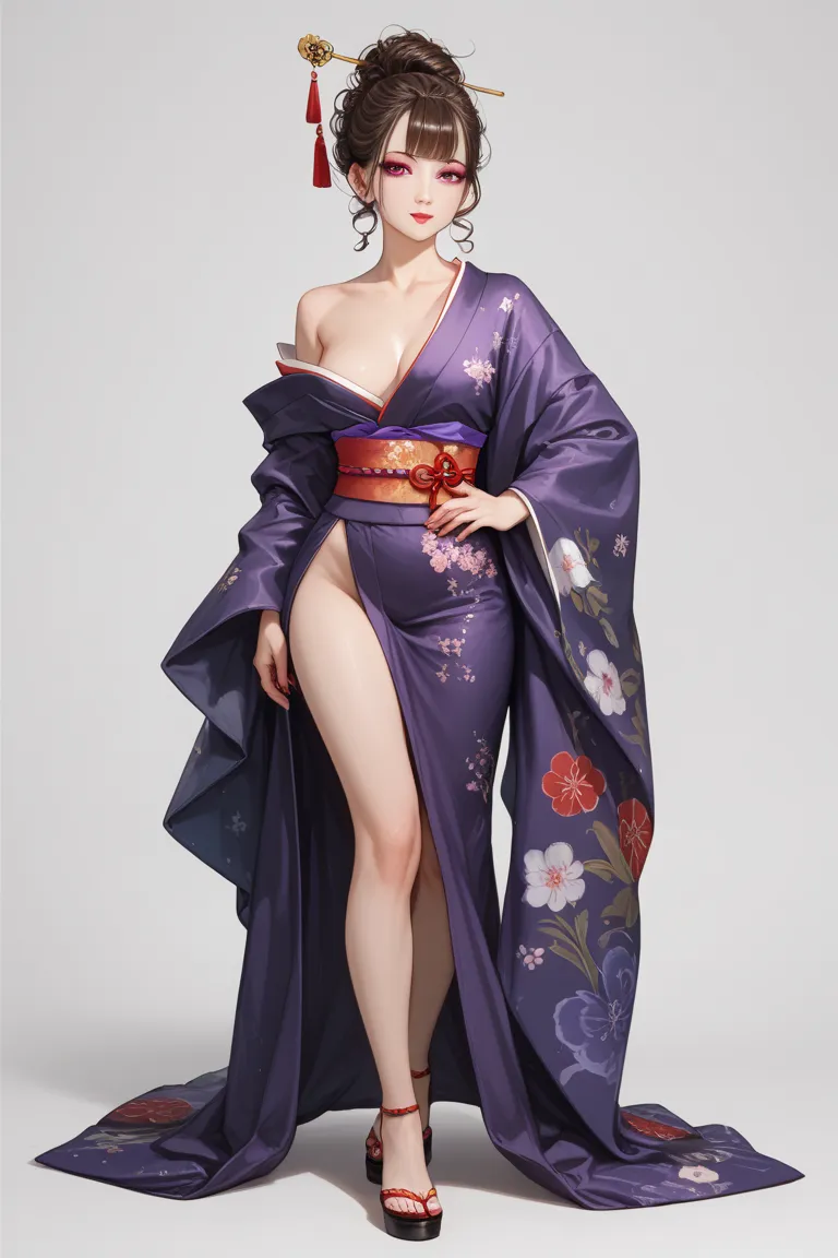 A very sexy asian woman, pale white skin, red makeup, tall and slim, big purple eyes, 32 years old, curly brown hair, curly bangs, Japanese traditional hairdo, very big boobs, wearing a sexy purple short dress in kimono style, plain dress, no sleeves, open...