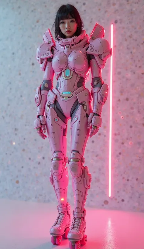 photorealistic,  super real, Very beautiful Japanese futuristic soldier,  famous Japanese idol , DRAMATIC SCENE, masterpiece, beautiful eyes, ピンクのハイヒールローラースケートを履いている ,  Wearing , (cyberpunk shiny intricate pink mecha armor suit wearing pink high-heeled rol...