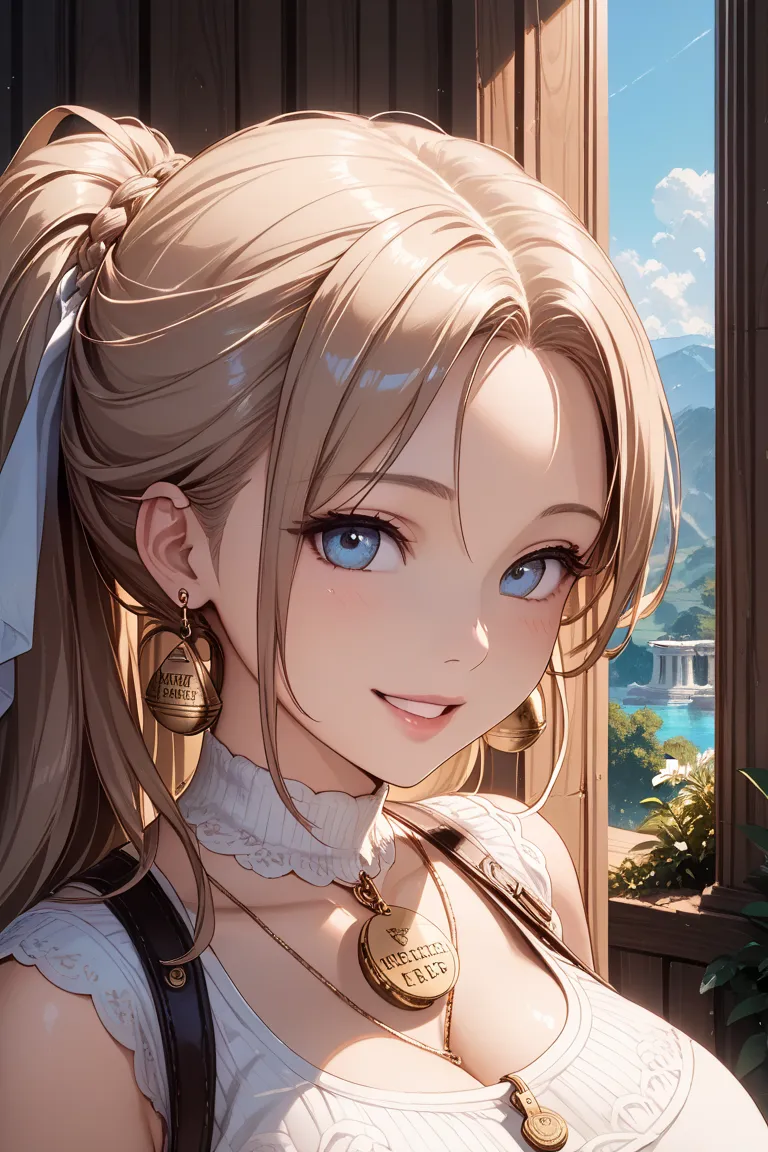 Highest quality, natural light, Extremely detailed, realistic, beautiful young woman,    sharp concentration on the side of a wooden pillar :1.5, smile,Big Breasts,orgasm face