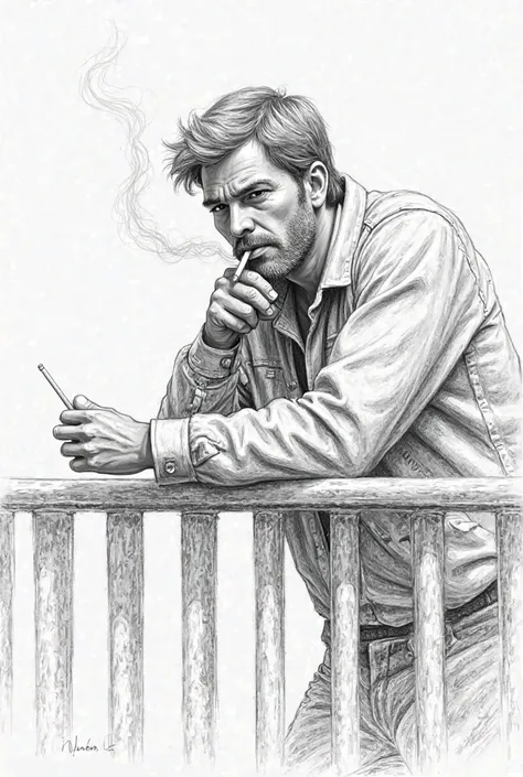 pencil illustration with many strokes of a man, The smoking leaning on a railing