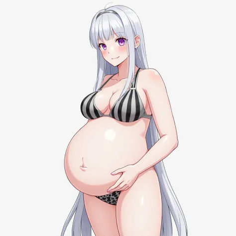 anime girl,long hair, big pregnant, purple eyes, very big breasts,hyper-pregnant girl , the biggest belly , anime style, high resolution, white hair, big breasts, hyper-pregnant girl,full height, smile, big hyper-pregnant belly, hyper-large breasts, gray s...