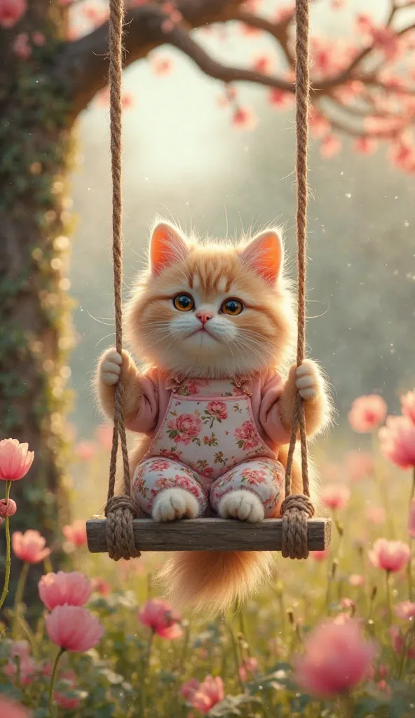 Close-up A swing hangs on a tree with pink flowers, in this swing there is a fluffy champagne cat, he wears a floral everywhere, the background is beautiful wild spring poppy flowers