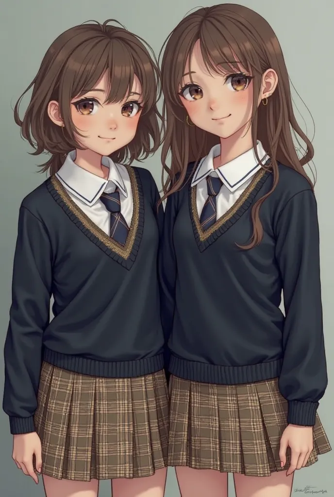 The girls' are wearing SCHOOL UNIFORM, white short-sleeved polo shirts inside, the ones on top are dark blue (almost black) long sleeves. There are khaki colored details stitched on the collar and hem line. khaki.The neck tie plays with light and dark blue...