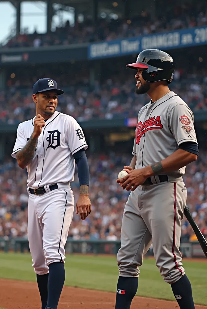 create a YouTube thumbnail which shows two players of teams (Detroit Tigers and Minnesota Twins ) in uniform with logos on shirts and caps. Players are showing aggression to each other, one player has a baseball bat and other player has a baseball in hand....