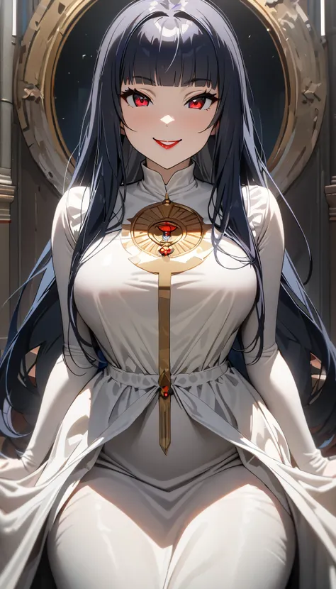 Masterpiece, top quality, 8K, 4K, detailed eye depiction, beautiful anime solo woman, (((clean female, smiling, medium size breasts,))), thin, dark blue hair, blunt bangs, long hair, red eyes, red lips, white clean image dress, charity, Virgin Mary.