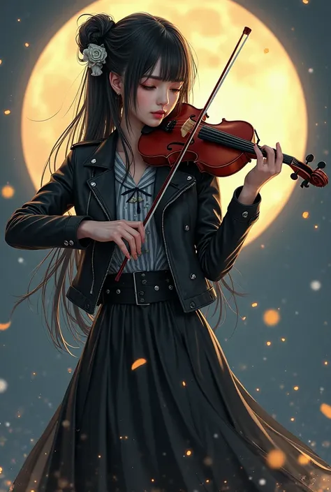 Music beauty、Realistic Images、Please generate an angle of her from the waist up、The theme is a big full moon in the background 、 violin 、 Japanese Girl、 wears a leather rider jacket over a stylish dress、She's cool 