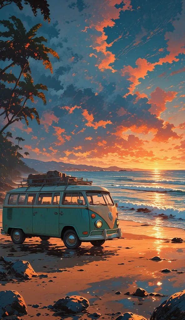 
A  Volkswagen camper van parked on a wet beach at sunset. The van is light teal-green with beige accents, and is positioned slightly off-center towards the mid-ground, facing forward.  The van has luggage on its roof rack. The beach is composed of wet san...