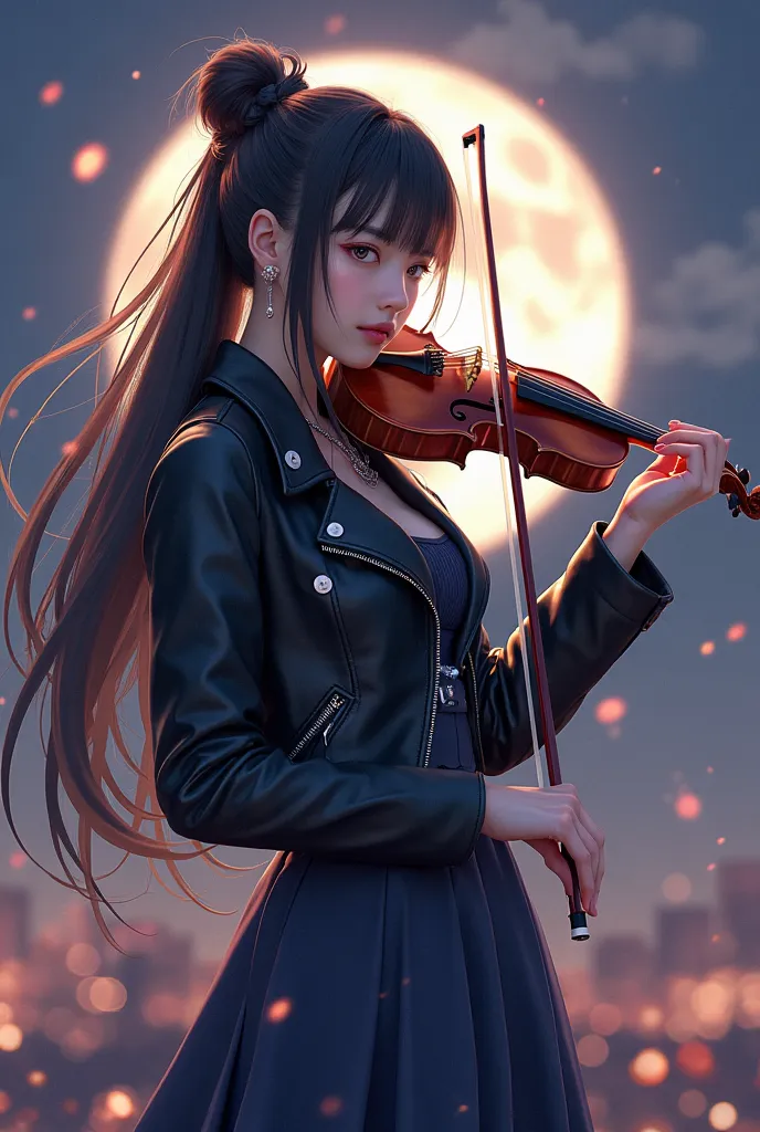 Music beauty、Realistic Images、Please generate an angle of her from the waist up、The theme is a big full moon in the background 、 violin 、 Japanese Girl、 wears a leather rider jacket over a stylish dress、She's cool 