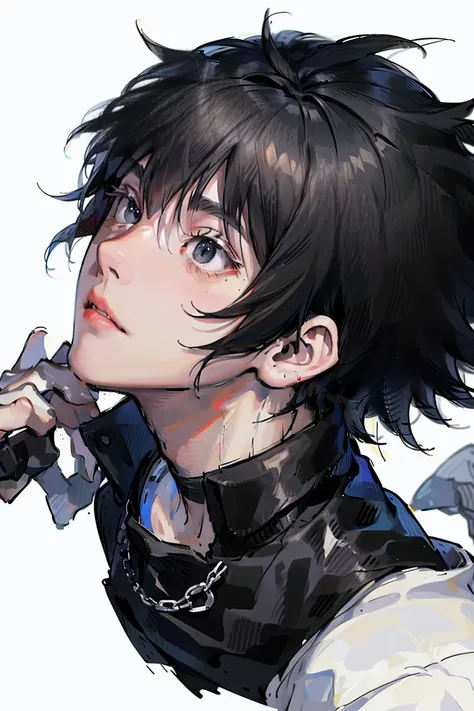 1 adult male (tall man, slim, manly, dominate,  short messy black hair, blue eyes, tough, wearing a sexy emo outfit, dark and mysterious.)best quality, ultra-detailed, illustration, complex, detailed, extremely detailed, detailed face, soft light, soft foc...