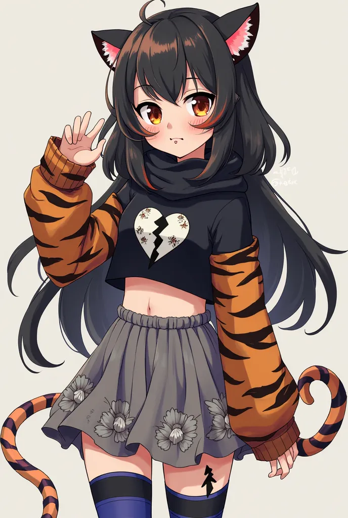 anime girl with two tiger stripes on her face, and tiger stripes on her body with tattoos or eyes and a fade of black on her legs and arms, with two horns on her head right horn is broken with little bits of the broken part on her horn, her shirt is a blac...