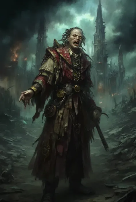 a crazy looking politician in warhammer 40k universe, he is in a mad state, screaming and talking to himself