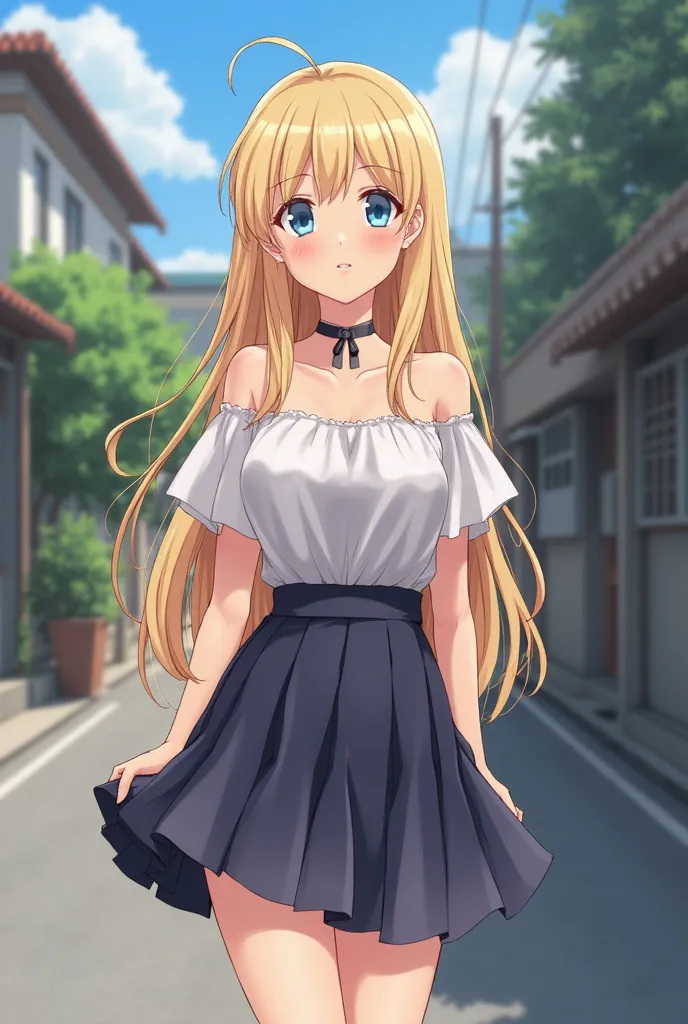 a woman in a short skirt and top is standing on a street, seductive anime girl, cute anime waifu in a nice dress, blonde anime girl with long hair, loli in dress, attractive anime girl, beautiful anime high school girl, beautiful anime girl, beautiful allu...