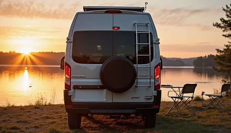 "The back view of a 2025 Toyota campervan motorhome, highlighting its smart rear design. The vehicle has LED taillights, a spare tire mounted on the back, and a compact ladder leading to the roof storage. A fold-out table and outdoor kitchenette are visibl...