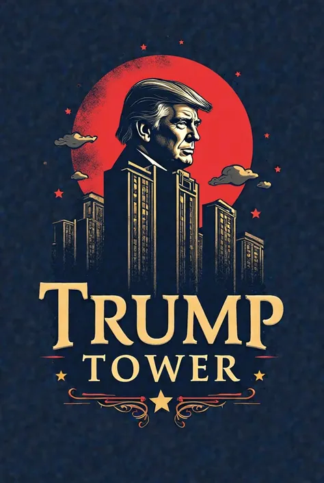 "Create a stylish and memorable logo for the 'Trump Tower', meme token combining the stylized silhouette of the Trump Tower skyscraper with a caricature of Donald Trump. Use the , including gold, meme elements dark blue and red, logo with a modern font for...