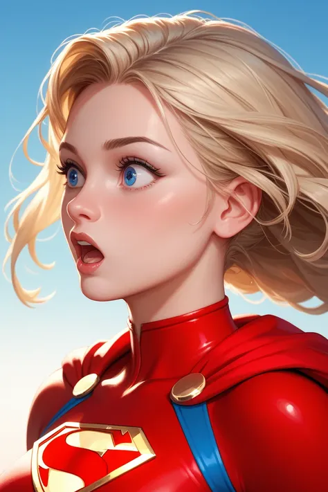 A young adult Supergirl, appearing in her normal age, stands in front of her hood home, looking ahead with a surprised and astonished expression. Her blue and red costume is vibrant, with the iconic 'S' emblem on her chest. The background features a cozy s...