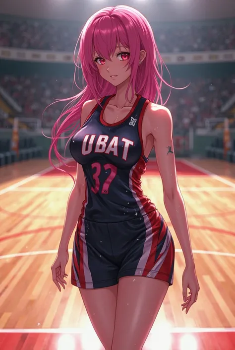 Moka from Rosario vampire on a basketball court in a wnba dress drenched in sweat 